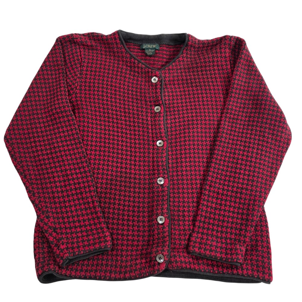 J.Crew Cardigan Sweater Womens Red Black Houndstooth M 100% Cotton Long Sleeve